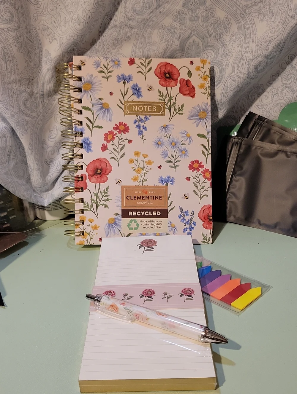 Clementine Floral Spiral Notebook - Recycled Pink & Blue Pen Magnetic List Pad